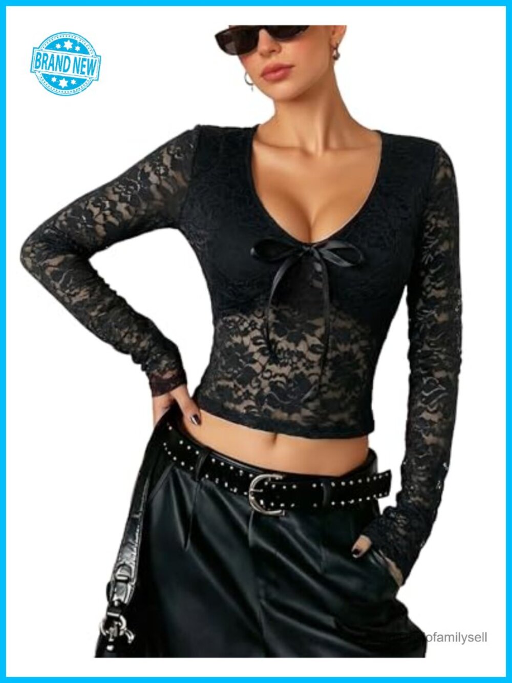 Women Lace Long Sleeve Crop Top V-Neck Mesh Blouse Sexy Y2K Party Night